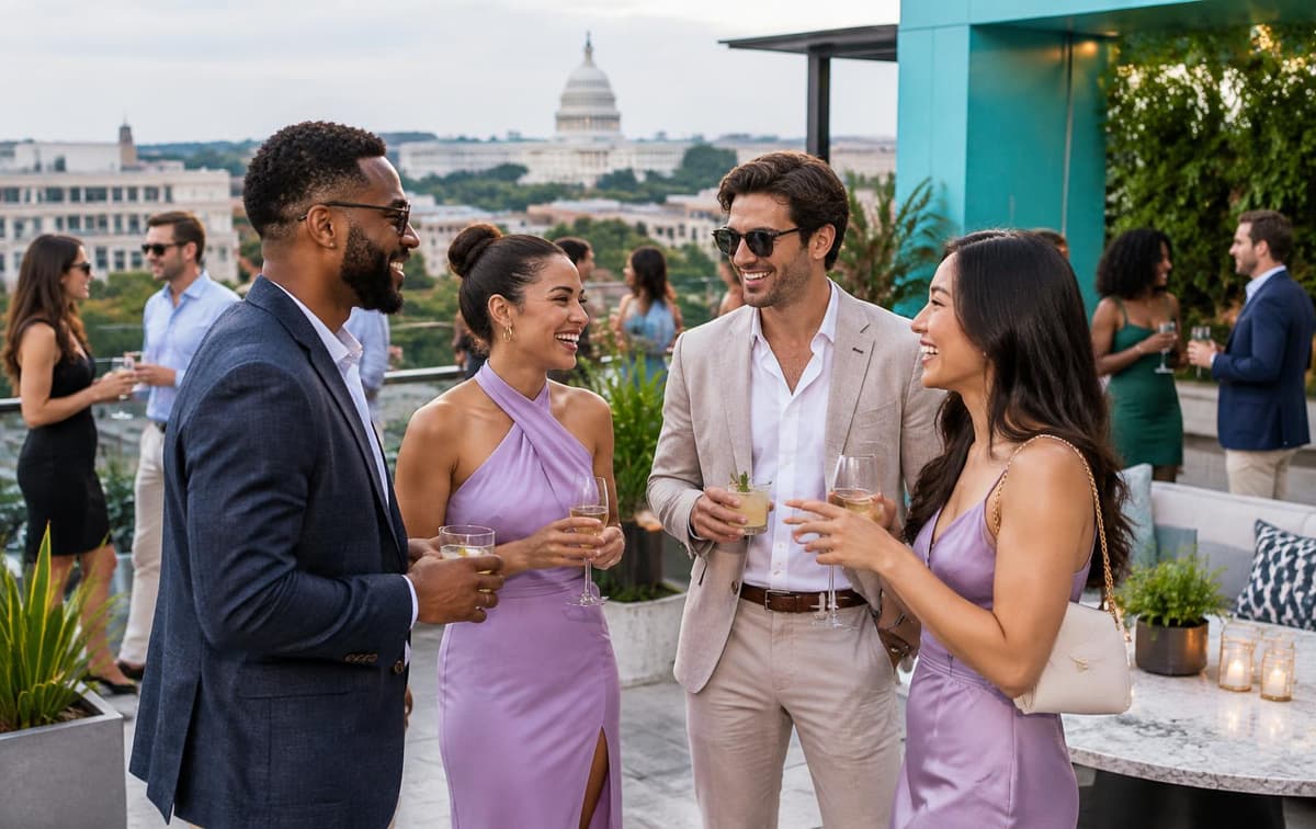 People socializing at a rooftop event with DC Capitol view